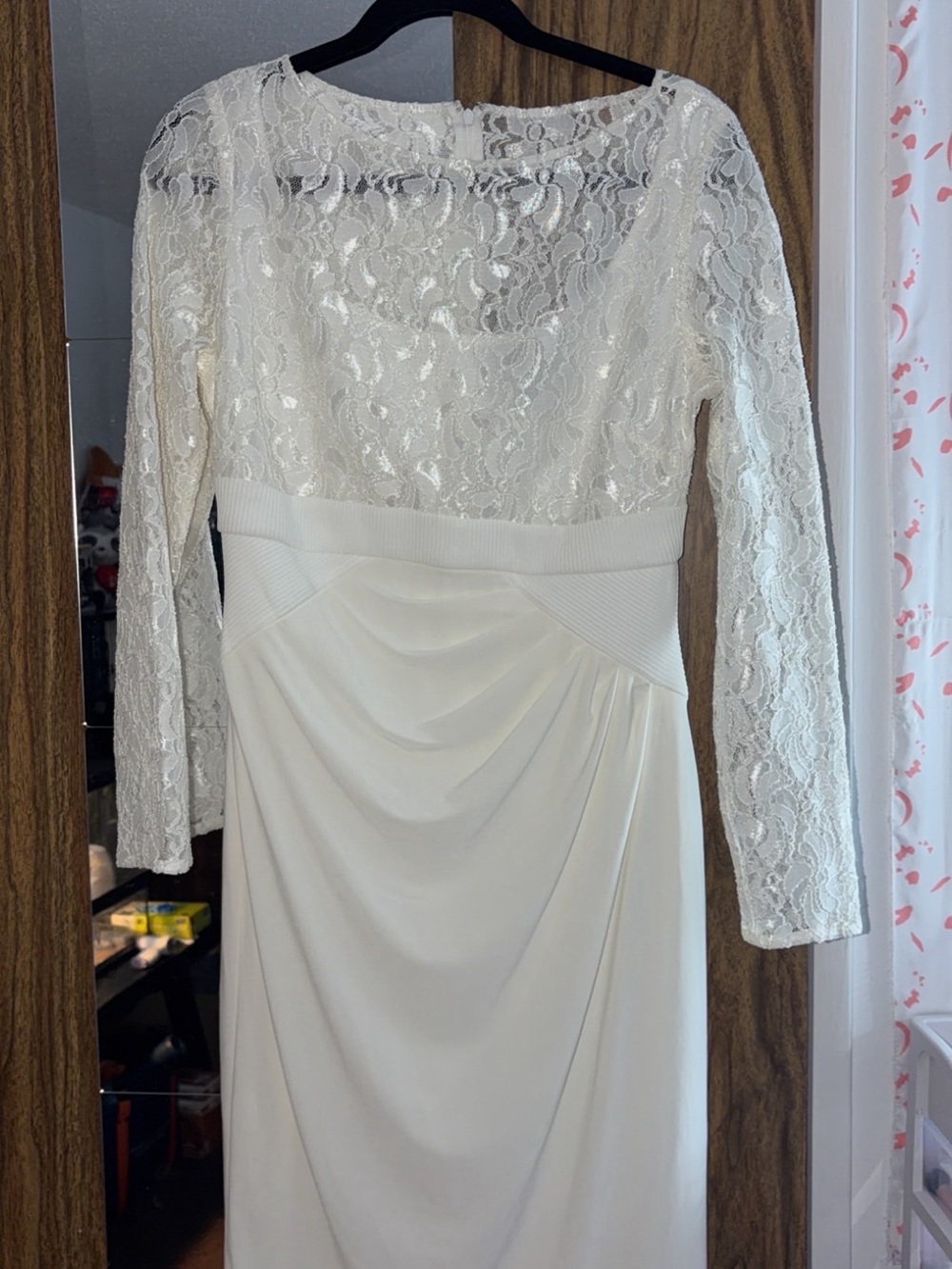 Chaps Ivory Lace Long-Sleeve Draped Midi Dress